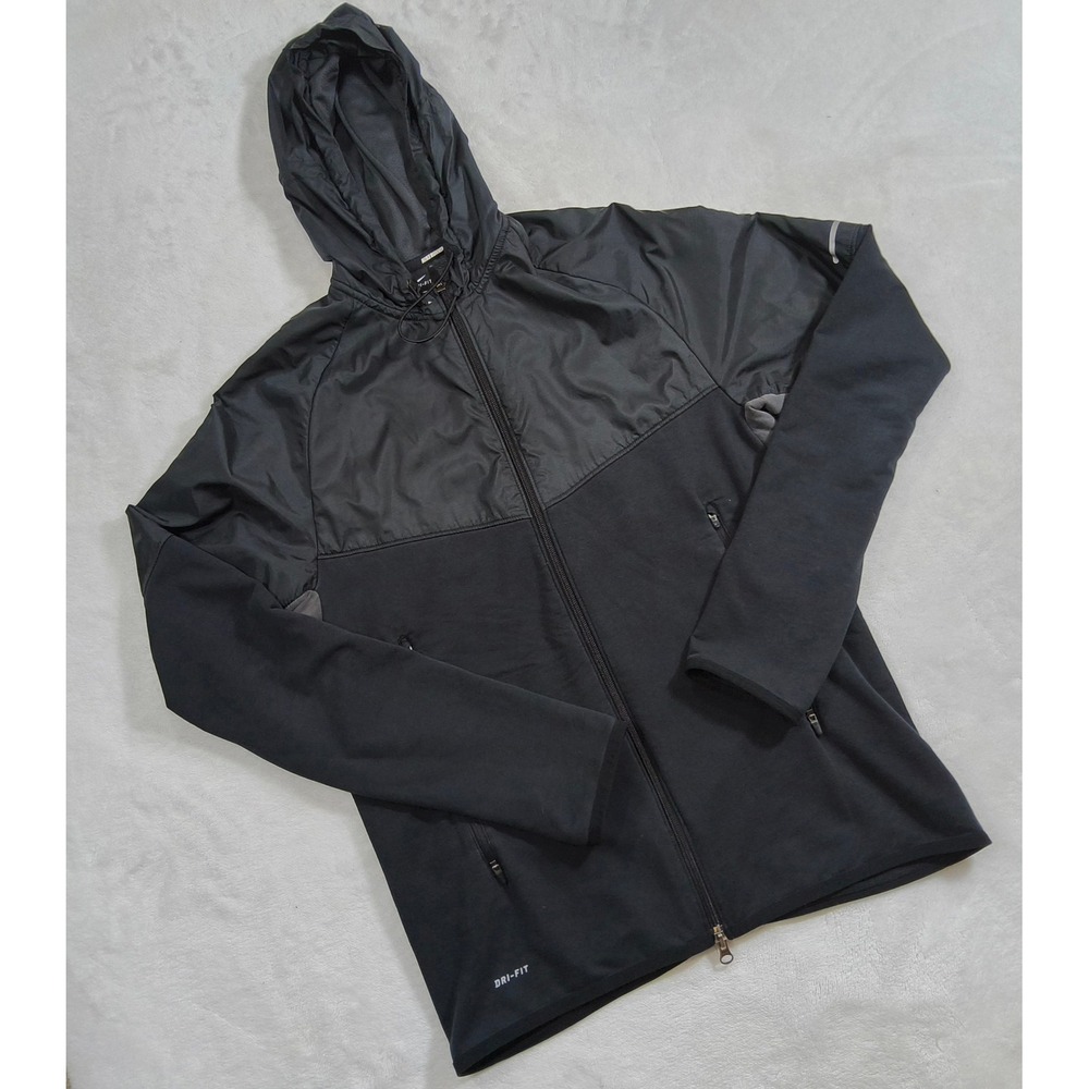 Nike Running Jacket Mens Medium Black Dri-FIT Full Zip Hooded 453473 Windbreaker